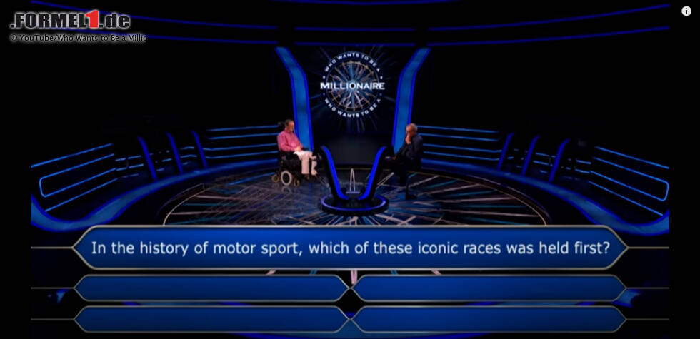 Foto zur News: Es handelt sich um eine Motorsport-Frage. &quot;Welches dieser ikonischen Rennen wurde in der Geschichte des Motorsports als erstes ausgetragen?&quot;, will Moderator Jeremy Clarkson von Townsley wissen.