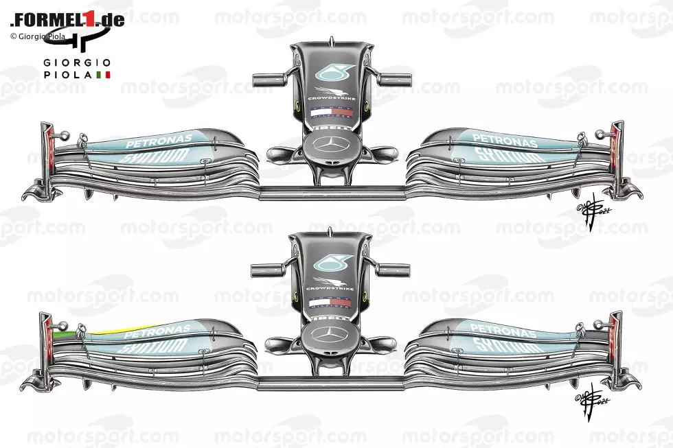 Foto zur News: Das neue Design (unten) zeichnet sich durch einen stärker belasteten äußeren Abschnitt (grün hervorgehoben) aus, einschließlich eines Gurney-Flaps. Vor allem bei Set-ups für geringen Abtrieb soll der Flügel zum Einsatz kommen. In Sotschi und Istanbul wurde die Neuerung aber zunächst nur am Freitag getestet.