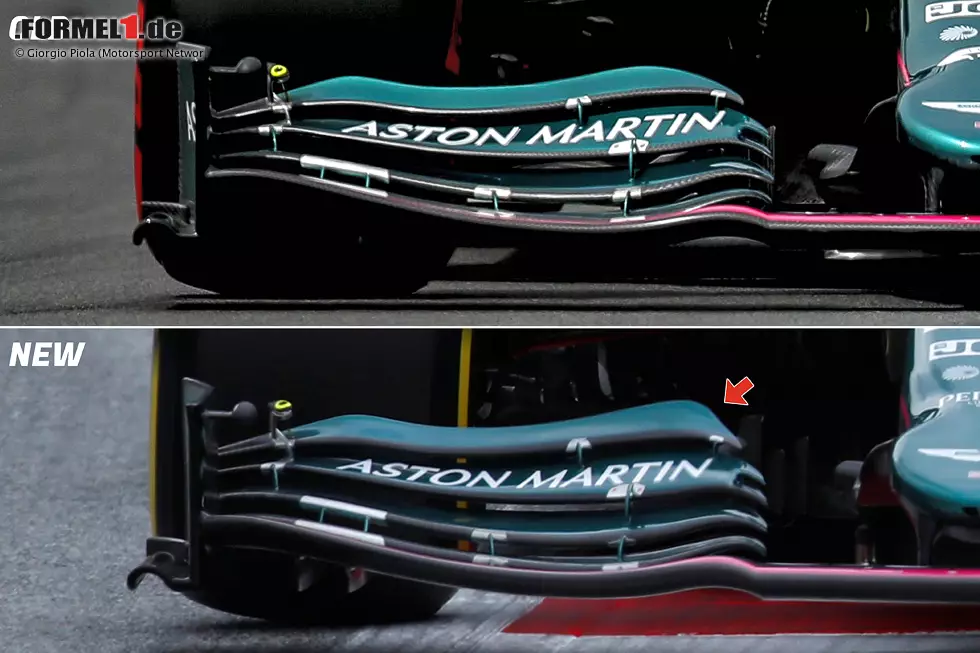 Die Änderungen beginnen vorne am Auto, mit einer auf den ersten Blick unscheinbaren neuen Form des oberen Frontflügelflaps. Die Modifikation verändert den Luftstrom, der etwas weiter hinten von den Bargeboards aufgefangen wird. Foto zur News: Die Änderungen beginnen vorne am Auto, mit einer auf den ersten Blick unscheinbaren neuen Form des oberen Frontflügelflaps. Die Modifikation verändert den Luftstrom, der etwas weiter hinten von den Bargeboards aufgefangen wird.