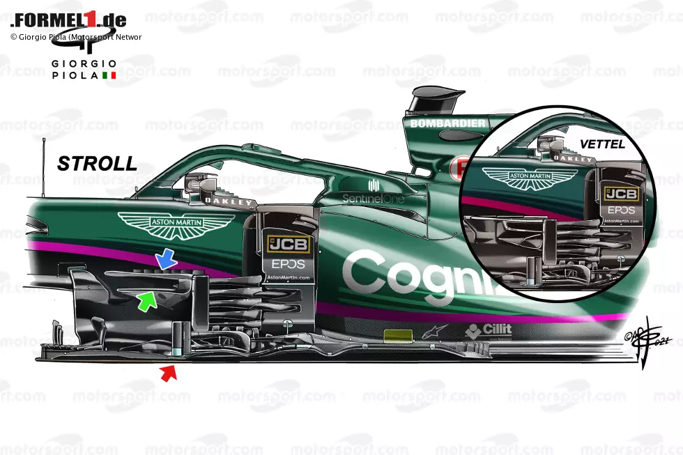 Foto zur News: Die veränderten Bargeboards sind das Herzstück des Österreich-Updates. Weil diese neuen Teile bisher lediglich in einfacher Ausführung zur Verfügung standen, waren sie zunächst nur am Auto von Lance Stroll. Was am sogenannten Bargeboard-Cluster wirklich neu ist, markieren die Pfeile.