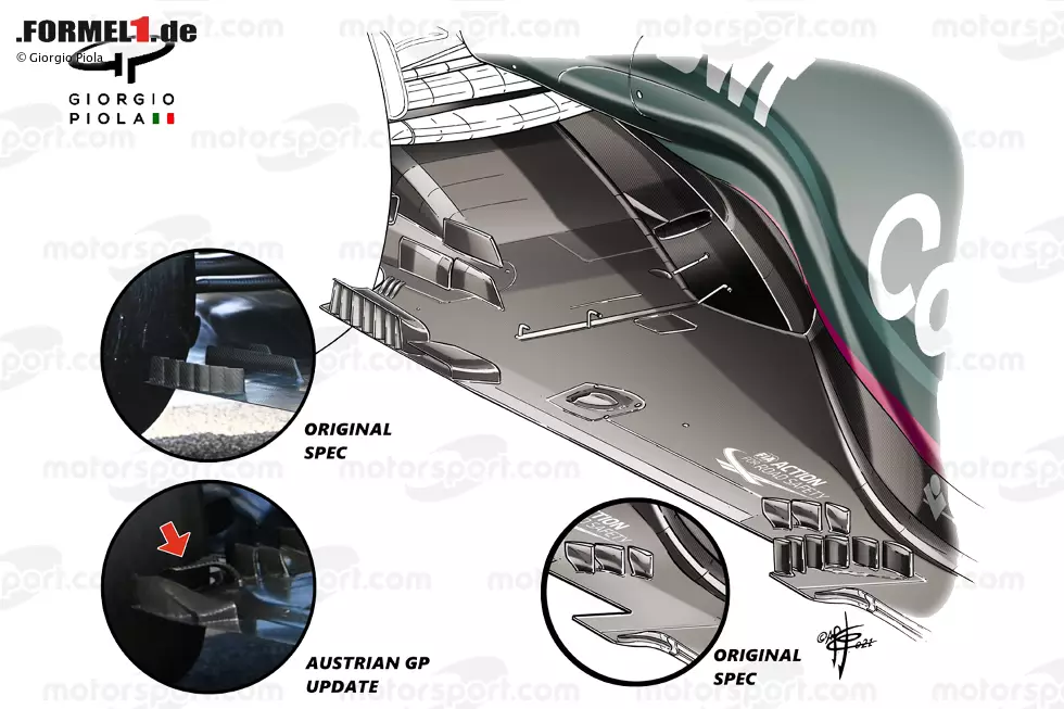 Einen Schritt zurück machte im Saisonverlauf übrigens Aston Martin. Das Team, das von den Regeländerungen besonders getroffen wurde, entfernte in Silverstone die drei Flügel auf dem Unterboden, die sich seit den Testfahrten dort befanden. Foto zur News: Einen Schritt zurück machte im Saisonverlauf übrigens Aston Martin. Das Team, das von den Regeländerungen besonders getroffen wurde, entfernte in Silverstone die drei Flügel auf dem Unterboden, die sich seit den Testfahrten dort befanden.