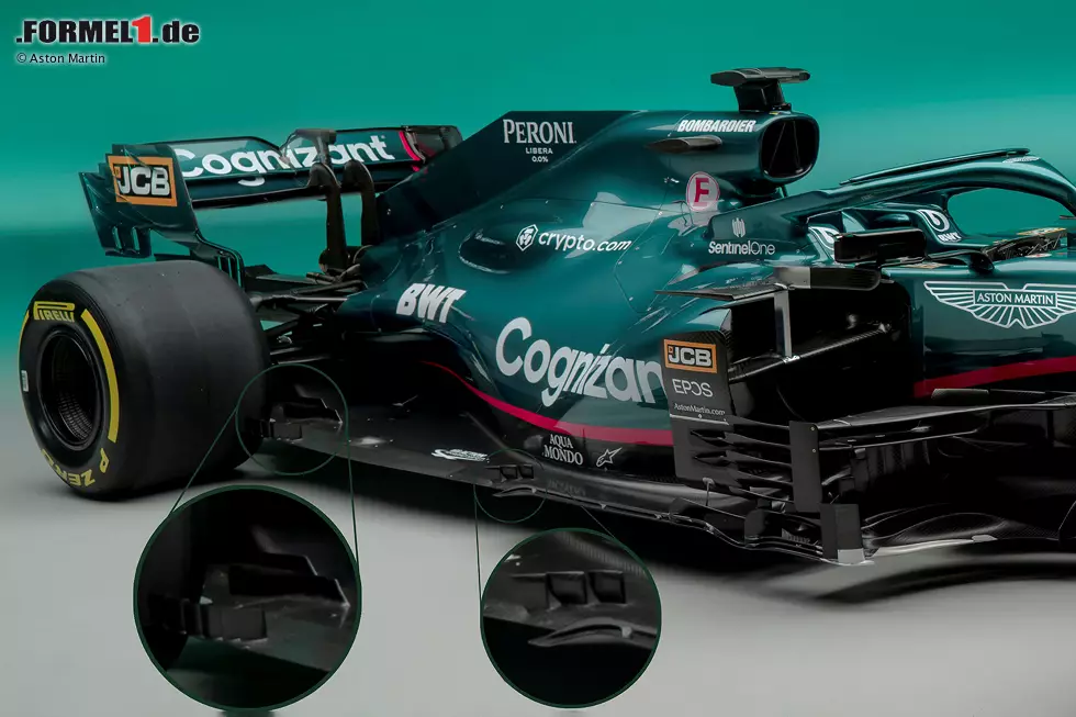Besonders spannend ist der Blick auf den neuen Unterboden, der sich per Reglement vor den Hinterrädern verjüngen muss. Und hier zeigt Aston Martin mehr als die Konkurrenz, nämlich einige kleine Finnen an der Außenkante. Diese sollen dabei helfen, den Abtriebsverlust durch den neuen Unterboden wettzumachen. Foto zur News: Besonders spannend ist der Blick auf den neuen Unterboden, der sich per Reglement vor den Hinterrädern verjüngen muss. Und hier zeigt Aston Martin mehr als die Konkurrenz, nämlich einige kleine Finnen an der Außenkante. Diese sollen dabei helfen, den Abtriebsverlust durch den neuen Unterboden wettzumachen.