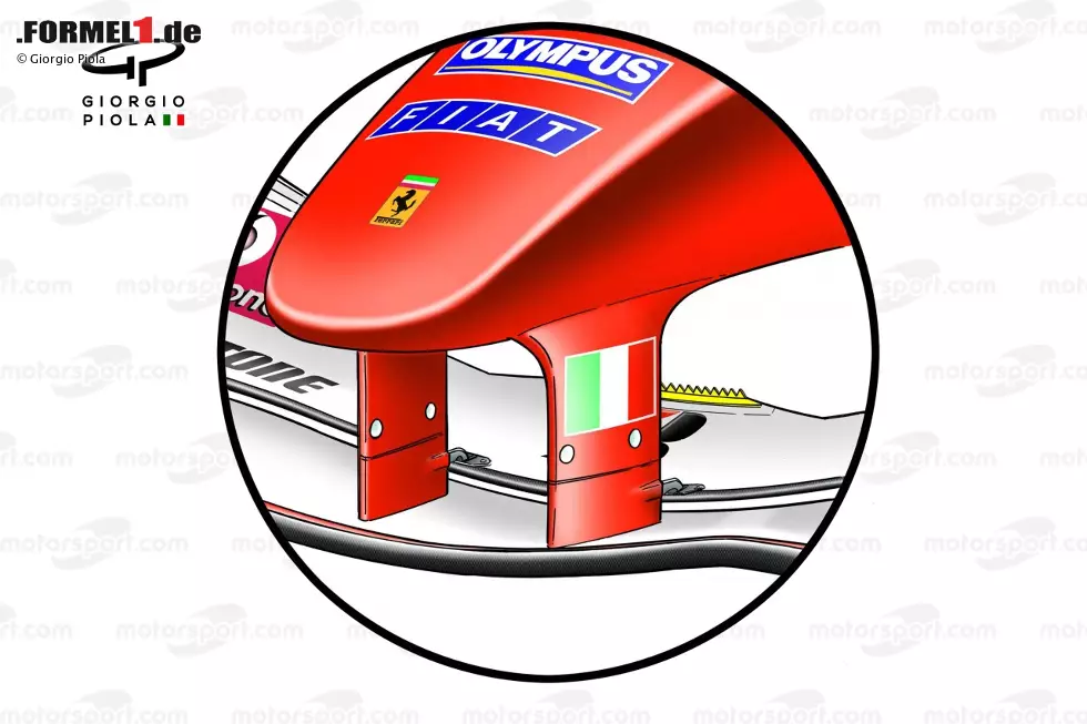 Ferrari fuhr bereits 2004 mit einer Zackenlösung: Der dominante F2004 besaß einen gezackten Gurney-Flap im zentralen Bereich des Frontflügels. Foto zur News: Ferrari fuhr bereits 2004 mit einer Zackenlösung: Der dominante F2004 besaß einen gezackten Gurney-Flap im zentralen Bereich des Frontflügels.