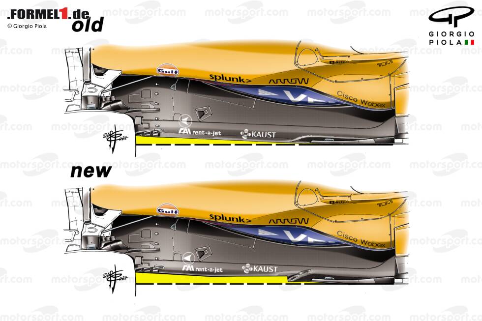Foto zur News: Bereits beim Belgien-Grand-Prix 2020 probierte McLaren eine sich verengende Unterbodenkante aus. Offensichtlich war das Team mit seiner Optimierung zufrieden und begann die Saison mit einem ähnlichen Design, während der Rest des Feldes auf die Lösung mit dem Z-förmigen Ausschnitt setzte. Erst in Spanien sprang McLaren auf den Zug auf.