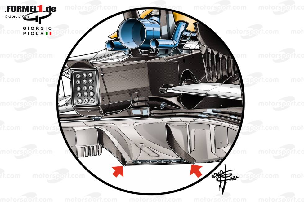 Foto zur News: Die Änderung des Aerodynamik-Reglements für 2021 verlangte, dass die vertikalen Streben 50 mm kürzer sein müssen. McLaren erkannte jedoch in einer neuartigen Lösung, dass man das niedrigere Format beibehalten konnte, indem man die zentralsten Streben mit dem zentralen Übergang des Diffusors verband.