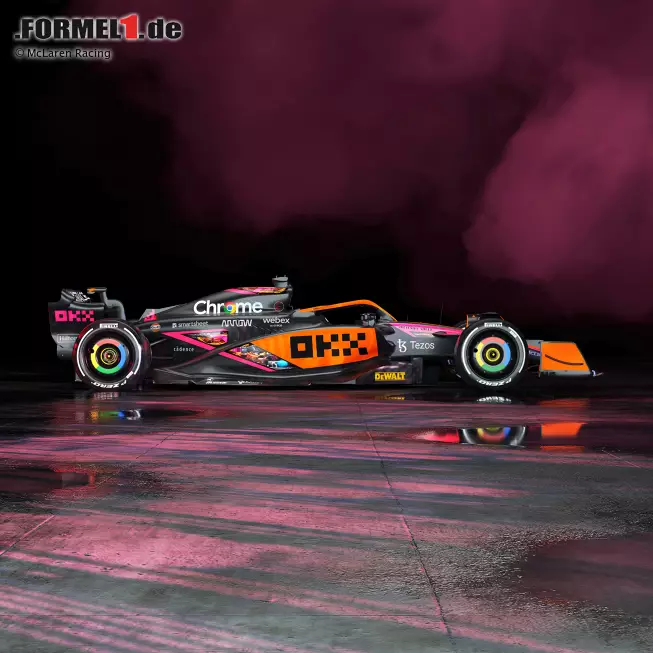 Foto zur News: McLaren fährt in Singapur und Japan 2022 mit einer Speziallackierung. Zu dem Papaya-Orange kommen neonpinke Verzierungen in einem laut Zak Brown &quot;mutigen&quot; Design ...