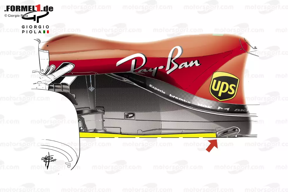 Foto zur News: Dann folgte Ferrari dem neuen Unterboden-Trend und übernahm als siebtes Team die sogenannte Z-Form an der Außenkante, also einen starken Einschnitt (siehe Pfeil). Mit dieser Änderung verschwanden einige der kleinen Luftleitbleche wieder.