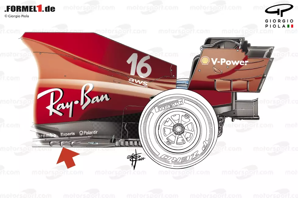 Zum Österreich-Grand-Prix führte Ferrari wieder seine r-förmigen Luftleitbleche ein, die in einer früheren Ausbaustufe verschwunden waren. Der Z-Einschnitt blieb, außerdem entschied sich das Team für sechs kleine Luftleitbleche vor den Hinterrädern. Foto zur News: Zum Österreich-Grand-Prix führte Ferrari wieder seine r-förmigen Luftleitbleche ein, die in einer früheren Ausbaustufe verschwunden waren. Der Z-Einschnitt blieb, außerdem entschied sich das Team für sechs kleine Luftleitbleche vor den Hinterrädern.