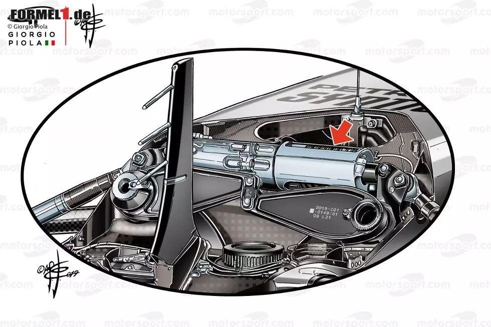 Auch innen hatte sich einiges getan. Mercedes setzte wieder auf einen traditionelleren federgetriebenen Dämpfer anstatt auf eine hydraulische Version wie in den Jahren zuvor. Auch das war bereits eine Reaktion auf das Verbot von hydraulisch unterstützten Aufhängungselementen ab 2021. Foto zur News: Auch innen hatte sich einiges getan. Mercedes setzte wieder auf einen traditionelleren federgetriebenen Dämpfer anstatt auf eine hydraulische Version wie in den Jahren zuvor. Auch das war bereits eine Reaktion auf das Verbot von hydraulisch unterstützten Aufhängungselementen ab 2021.