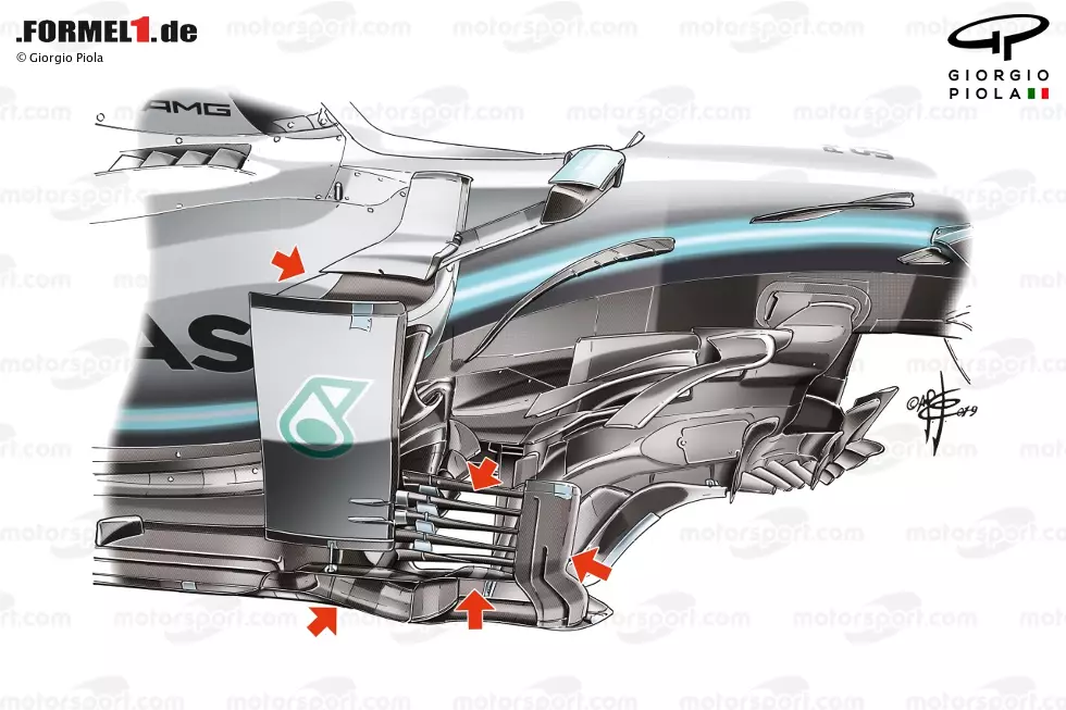 Vor allem Mercedes war in diesem Bereich proaktiv und brachte viele Upgrades. Beim ersten größeren ging es vor allem um die Winglets, die von der Seite des Chassis hingen, die Bumerang-Winglets auf dem Bargeboard-Cluster sowie den ersten Windabweiser. Foto zur News: Vor allem Mercedes war in diesem Bereich proaktiv und brachte viele Upgrades. Beim ersten größeren ging es vor allem um die Winglets, die von der Seite des Chassis hingen, die Bumerang-Winglets auf dem Bargeboard-Cluster sowie den ersten Windabweiser.