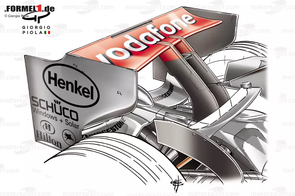 Unser letztes Beispiel aus der Saison 2007 zeigt den McLaren-Heckflügel, der wiederum sehr flach gehalten ist, aber in der Mitte auch mit einer Gurney-Kante versehen ist - für zumindest ein bisschen mehr Anpressdruck zugunsten der Autobalance. Foto zur News: Unser letztes Beispiel aus der Saison 2007 zeigt den McLaren-Heckflügel, der wiederum sehr flach gehalten ist, aber in der Mitte auch mit einer Gurney-Kante versehen ist - für zumindest ein bisschen mehr Anpressdruck zugunsten der Autobalance.