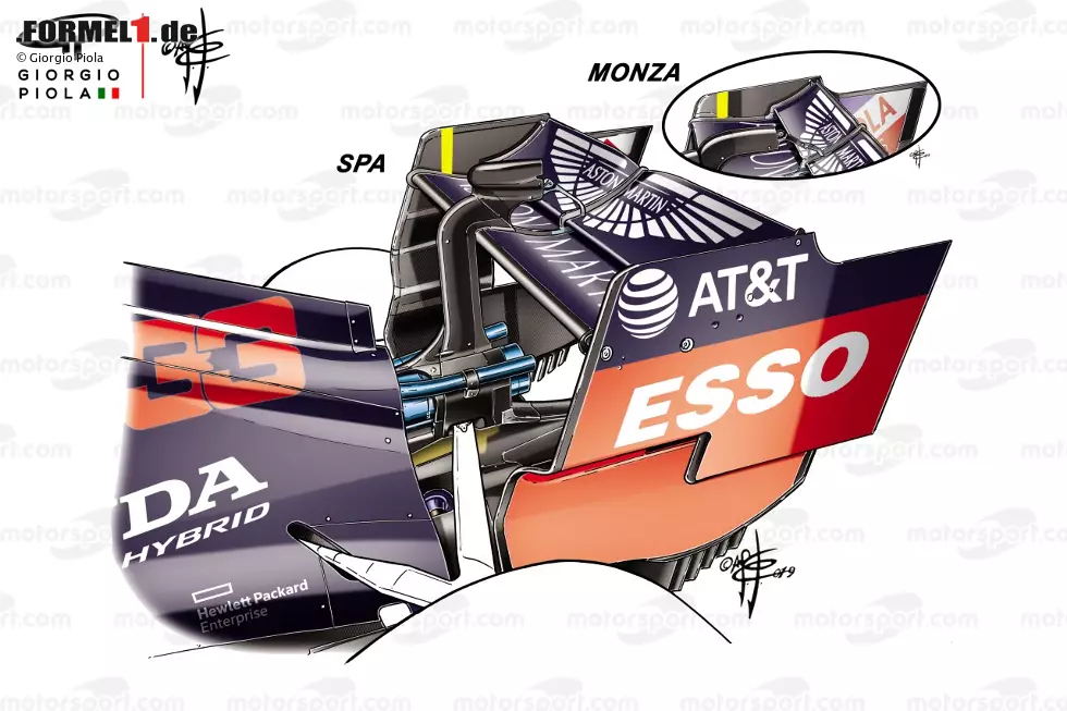 Seit 2019 setzt Red Bull bereits auf diese Designlinie. Die Heckflügel für Spa und Monza sind grundsätzlich ähnlich, unterscheiden sich nur im Detail, siehe Bild: In der Monza-Variante ist das Hauptprofil flacher gehalten, außerdem das DR-System nochmals kompakter. Foto zur News: Seit 2019 setzt Red Bull bereits auf diese Designlinie. Die Heckflügel für Spa und Monza sind grundsätzlich ähnlich, unterscheiden sich nur im Detail, siehe Bild: In der Monza-Variante ist das Hauptprofil flacher gehalten, außerdem das DR-System nochmals kompakter.