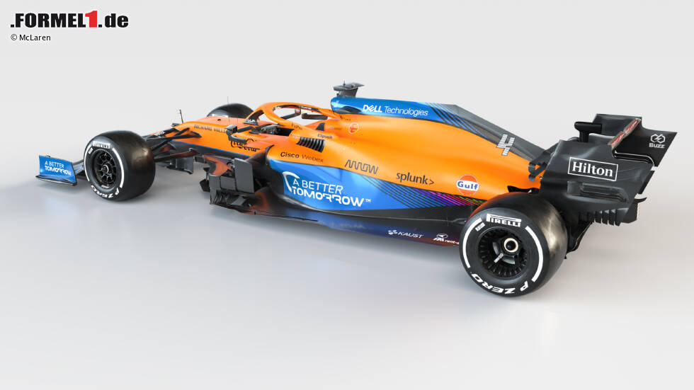 Foto zur News: Auffällig ist außerdem die erneut recht leere Motorhaube: Ein sehr prominenter Werbeplatz auf dem McLaren MCL35M präsentiert sich fast komplett ohne Sponsorenlogos, sondern im McLaren-Orange (&quot;Papaya&quot;).