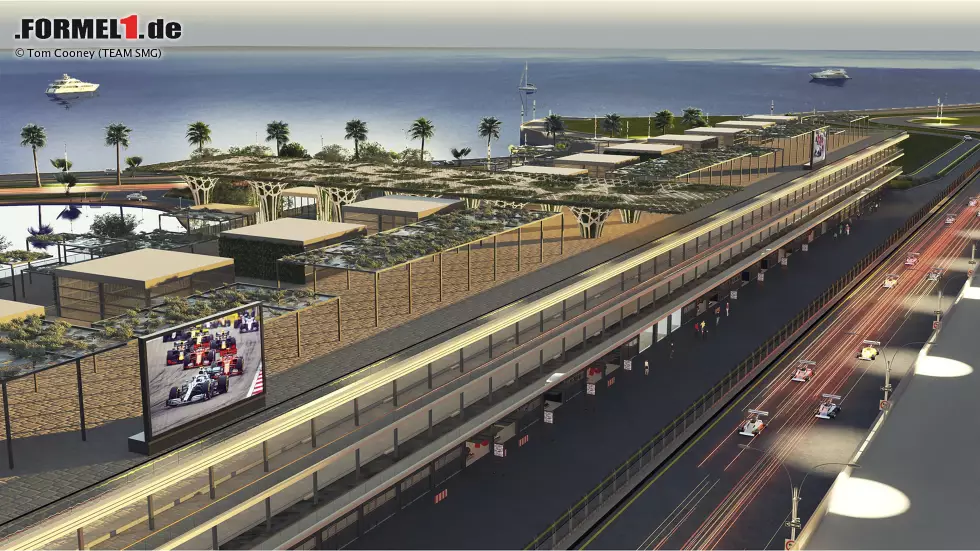 Der Promoter des Grand Prix von Saudi-Arabien hat erste, mittels Rendering erzeugte Bilder vom geplanten Boxengebäude des Dschidda-Straßenkurses veröffentlicht. Foto zur News: Der Promoter des Grand Prix von Saudi-Arabien hat erste, mittels Rendering erzeugte Bilder vom geplanten Boxengebäude des Dschidda-Straßenkurses veröffentlicht.