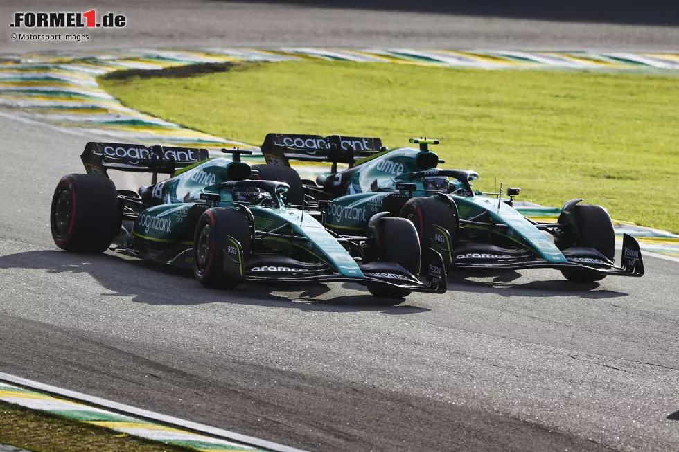 Foto zur News: Lance Stroll (4): Hat zwar gepunktet, aber eigentlich war er der deutlich langsamere Aston-Martin-Pilot an diesem Wochenende. Dazu die Nummer im Sprint gegen Vettel. Geht gar nicht, und erst recht nicht gegen den Teamkollegen! Hat Glück, dass da nichts passiert ist. Sonst hätten wir wohl sogar zur 5 gegriffen ...