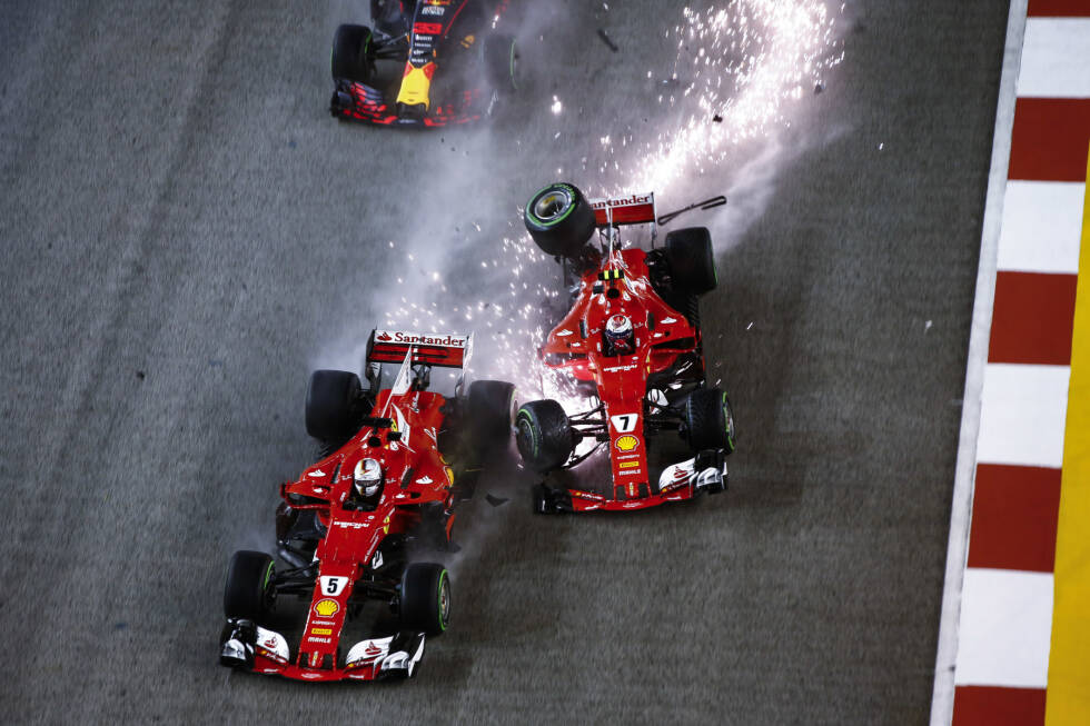 Foto zur News: ... nach dem Teamkollegen-Crash mit Räikkönen in Singapur schwinden die WM-Chancen von Vettel im Ferrari SF70H immer weiter. Es wird Platz zwei hinter Hamilton, mit immerhin fünf Siegen. Mehr davon ...