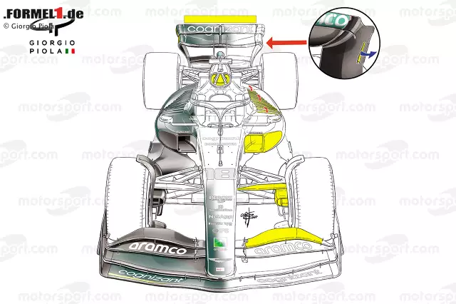 Foto zur News: Aston Martins erste Interpretation des Reglements für 2022 sah vor, dass das Team eine hochgezogene, vollständig unterschnittene Seitenkastenlösung mit einem quadratischen Einlass und einer Reihe von Kühlrippen entlang der Rückseite des Bodywork wählte.