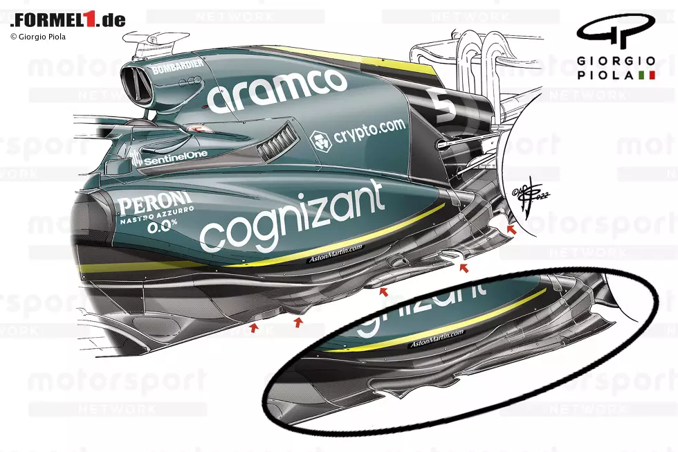 Aston Martin stellte in Singapur einen neuen Unterboden vor, der sich wiederum an den Entwicklungen orientierte, die Red Bull bereits beim RB18 eingesetzt hatte. Foto zur News: Aston Martin stellte in Singapur einen neuen Unterboden vor, der sich wiederum an den Entwicklungen orientierte, die Red Bull bereits beim RB18 eingesetzt hatte.