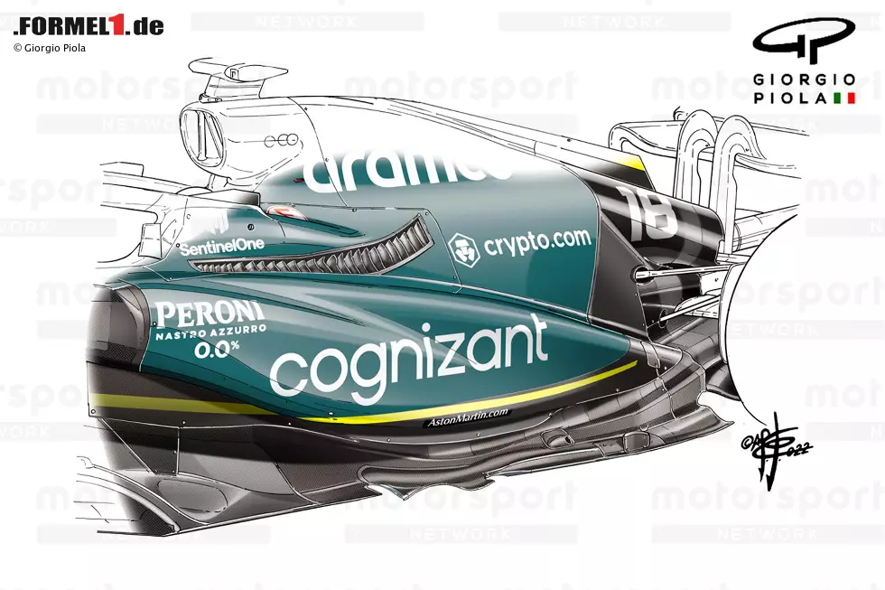Ab Spanien wurde das Bodywork des AMR22 komplett überarbeitet. Das Team entschied sich, in die Fußstapfen von Red Bull zu treten und die hochgezogene Seitenkastenlösung aufzugeben. Der Seitenkasten im Stil einer Abwärtsrampe wies sogar die Mittellinie und die schmalen, gedrehten Kühlrippen des RB18 auf. Foto zur News: Ab Spanien wurde das Bodywork des AMR22 komplett überarbeitet. Das Team entschied sich, in die Fußstapfen von Red Bull zu treten und die hochgezogene Seitenkastenlösung aufzugeben. Der Seitenkasten im Stil einer Abwärtsrampe wies sogar die Mittellinie und die schmalen, gedrehten Kühlrippen des RB18 auf.