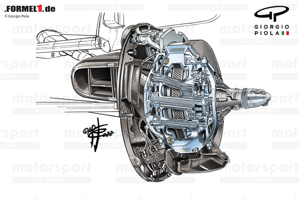 Foto zur News: Aston Martin hatte sich dafür entschieden, den vorderen Bremssattel für 2022 an der Vorderseite der Baugruppe zu montieren, damit die von der Bremsscheibe abgeleitete Wärme einen Weg zwischen ihr und der Bremstrommel findet.