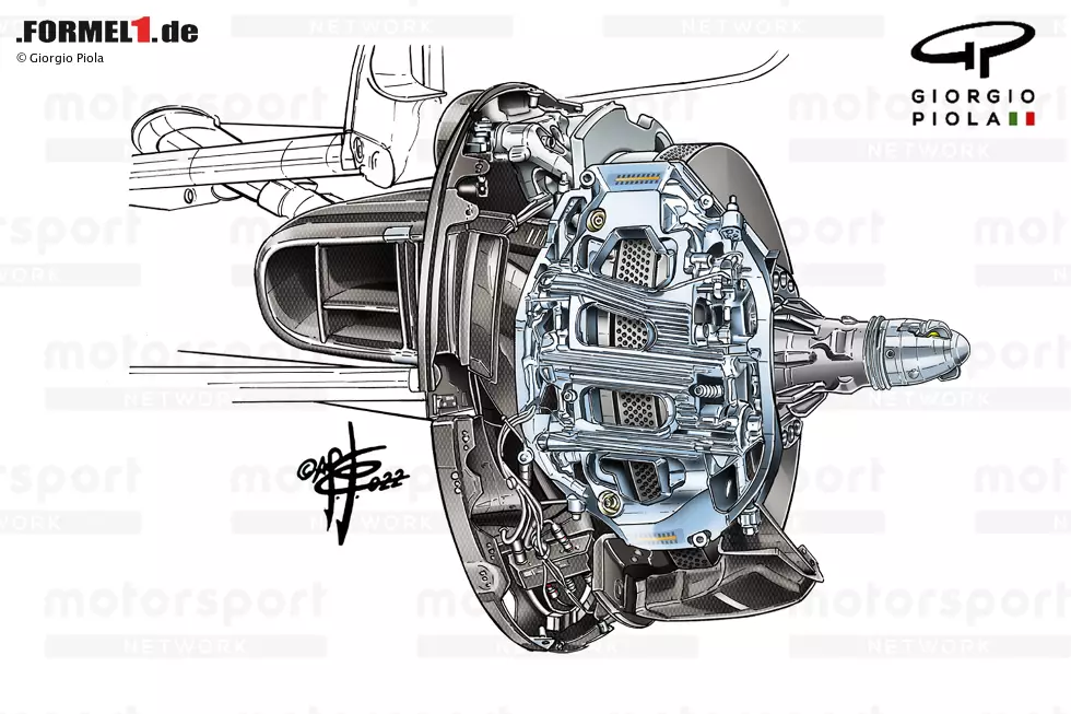 Foto zur News: Aston Martin hatte sich dafür entschieden, den vorderen Bremssattel für 2022 an der Vorderseite der Baugruppe zu montieren, damit die von der Bremsscheibe abgeleitete Wärme einen Weg zwischen ihr und der Bremstrommel findet.