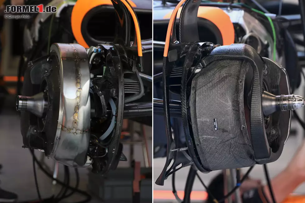 Die langfristige Lösung für McLarens Probleme mit der vorderen Bremsscheibenverkleidung kam beim Großen Preis von Spanien als Teil des ersten großen Update-Pakets der Saison. Bei der neuen Variante wurde eine viel größere Verkleidung verwendet und die Verrohrung des Bremssattels überarbeitet, während der Einlass ebenfalls verändert wurde. Foto zur News: Die langfristige Lösung für McLarens Probleme mit der vorderen Bremsscheibenverkleidung kam beim Großen Preis von Spanien als Teil des ersten großen Update-Pakets der Saison. Bei der neuen Variante wurde eine viel größere Verkleidung verwendet und die Verrohrung des Bremssattels überarbeitet, während der Einlass ebenfalls verändert wurde.