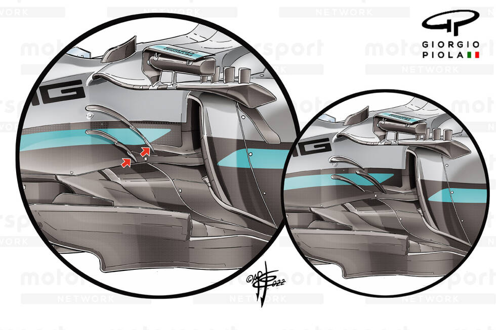 Foto zur News: Um die neuen Strömungsstrukturen vor ihnen zu maximieren und die von ihnen erzeugte Strömung neu auszurichten, änderte Mercedes auch die Anordnung der Leitflügel an der Seite des Chassis.