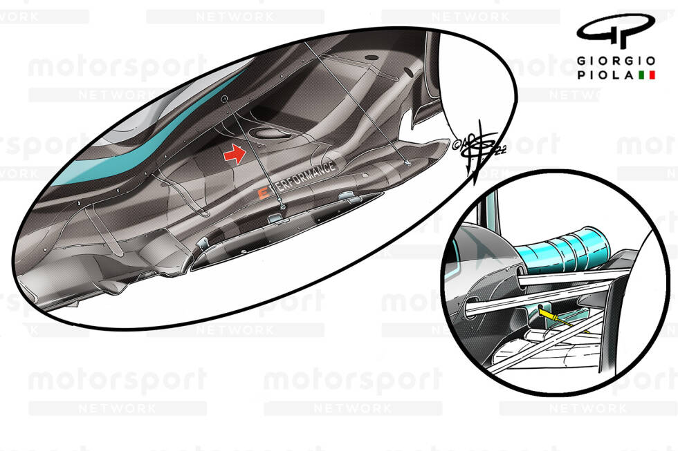Foto zur News: Mercedes testete in Kanada eine zusätzliche Bodenstrebe in der Mitte des Unterbodens, die von der FIA für die kommenden Rennen zugelassen werden sollte. Sie wurde jedoch schnell wieder entfernt und ihre Einführung wurde vom Dachverband auf Eis gelegt.