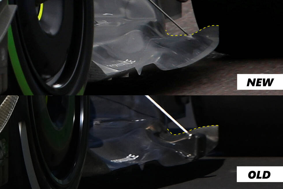 Foto zur News: Mercedes hat auch die Form des Bodens vor dem Hinterreifen geändert (gestrichelte gelbe Linie). Die gewölbte Kante schließt beim neuen Design abrupter ab. Dadurch entsteht ein anderes Strömungsmuster.
