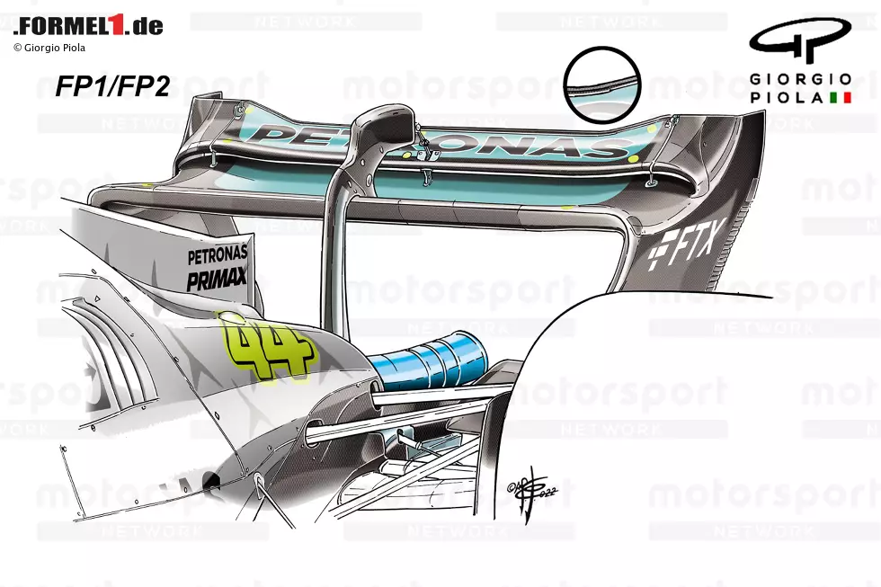 Aufgrund der Budgetgrenze modifizerten Teams für Monza ihre bekannten Heckflügel, anstatt komplett neue zu bringen. Mercedes setzte auf die Low-Downforce-Variante. Mit der konventionell geformten Hauptebene und der vollen Endplattenecke wurde dann die Hinterkante des oberen Flaps beschnitten und ein Gurney-Flap hinzugefügt. Foto zur News: Aufgrund der Budgetgrenze modifizerten Teams für Monza ihre bekannten Heckflügel, anstatt komplett neue zu bringen. Mercedes setzte auf die Low-Downforce-Variante. Mit der konventionell geformten Hauptebene und der vollen Endplattenecke wurde dann die Hinterkante des oberen Flaps beschnitten und ein Gurney-Flap hinzugefügt.