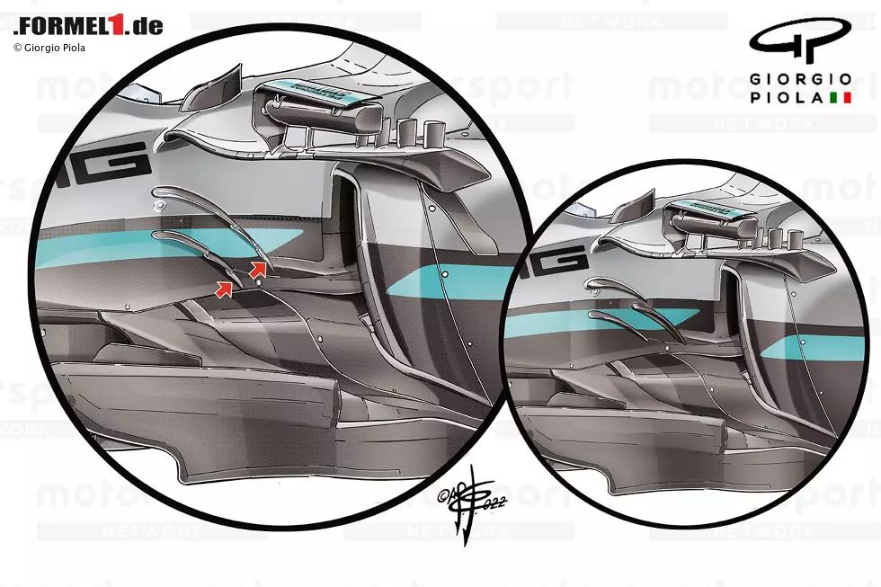 Um die neuen Strömungsstrukturen vor ihnen zu maximieren und die von ihnen erzeugte Strömung neu auszurichten, änderte Mercedes auch die Anordnung der Leitflügel an der Seite des Chassis. Foto zur News: Um die neuen Strömungsstrukturen vor ihnen zu maximieren und die von ihnen erzeugte Strömung neu auszurichten, änderte Mercedes auch die Anordnung der Leitflügel an der Seite des Chassis.