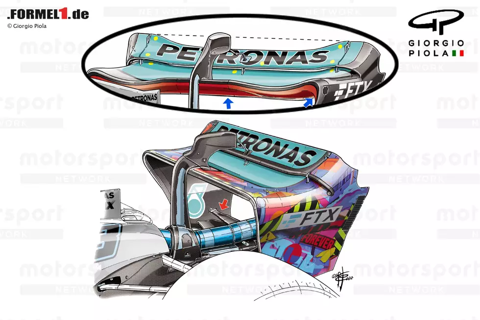 Ein Vergleich der beiden Low-Downforce-Optionen, die Mercedes zu diesem Zeitpunkt zur Verfügung standen. Die Vorderkante der Hauptebene und der Radius der Endplatte sind bei beiden Spezifikationen sehr unterschiedlich (blauer Pfeil), während der Beam-Wing (roter Pfeil) ebenfalls subtile Unterschiede im äußeren Bereich aufwies. Foto zur News: Ein Vergleich der beiden Low-Downforce-Optionen, die Mercedes zu diesem Zeitpunkt zur Verfügung standen. Die Vorderkante der Hauptebene und der Radius der Endplatte sind bei beiden Spezifikationen sehr unterschiedlich (blauer Pfeil), während der Beam-Wing (roter Pfeil) ebenfalls subtile Unterschiede im äußeren Bereich aufwies.