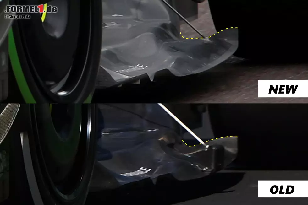 Mercedes hat auch die Form des Bodens vor dem Hinterreifen geändert (gestrichelte gelbe Linie). Die gewölbte Kante schließt beim neuen Design abrupter ab. Dadurch entsteht ein anderes Strömungsmuster. Foto zur News: Mercedes hat auch die Form des Bodens vor dem Hinterreifen geändert (gestrichelte gelbe Linie). Die gewölbte Kante schließt beim neuen Design abrupter ab. Dadurch entsteht ein anderes Strömungsmuster.