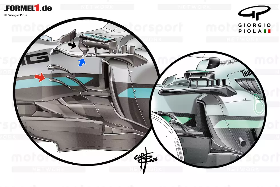 Für Imola nahm das Team einige Änderungen an der Anordnung der Chassis-Flügel (roter Pfeil) vor, änderte die Form der Verkleidung der seitlichen Crashstruktur und modifizierte das Spiegelgehäuse und die Stiele. Foto zur News: Für Imola nahm das Team einige Änderungen an der Anordnung der Chassis-Flügel (roter Pfeil) vor, änderte die Form der Verkleidung der seitlichen Crashstruktur und modifizierte das Spiegelgehäuse und die Stiele.
