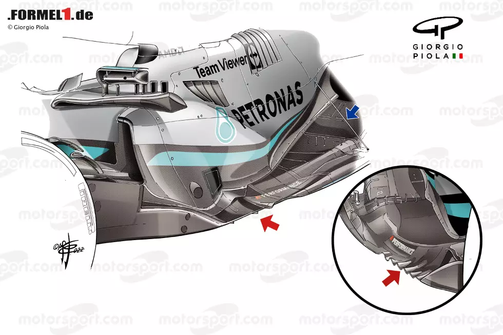 Foto zur News: Der W13 wurde für den Test in Bahrain einem bedeutenden Eingriff unterzogen, bei dem die &quot;Zeropods&quot; eingeführt wurden - der optisch entwaffnendste Aspekt des Updates. Aber das war nicht der einzige, denn auch die Änderungen an der Motorabdeckung, der Bodenkante und den Gittern sowie die Unterbodenstrebe waren deutlich sichtbar.