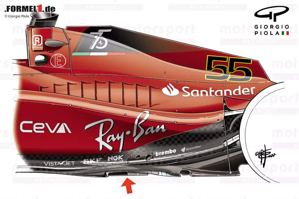 Ferrari hat den Rand des Unterbodens mit einem "Ice Skate" versehen, der dem von Red Bull eingeführten "Ice Skate" ähnelt. Er dient nicht nur der Aerodynamik, sondern begrenzt auch die Auslenkung des Unterbodens, um die Sensibilität für die Fahrhöhe zu verbessern. Foto zur News: Ferrari hat den Rand des Unterbodens mit einem "Ice Skate" versehen, der dem von Red Bull eingeführten "Ice Skate" ähnelt. Er dient nicht nur der Aerodynamik, sondern begrenzt auch die Auslenkung des Unterbodens, um die Sensibilität für die Fahrhöhe zu verbessern.