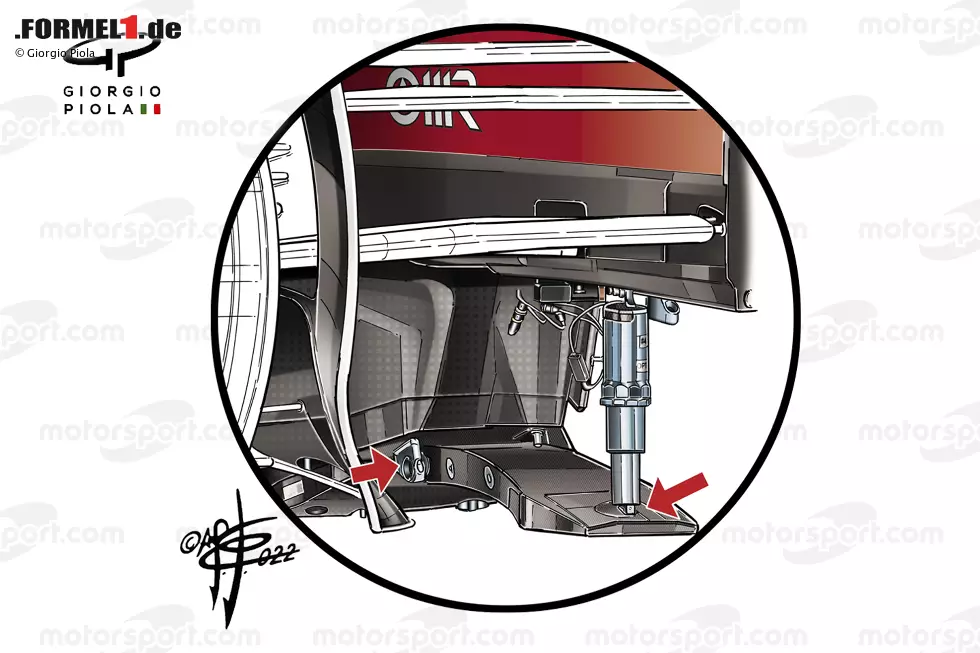 Die Bilder aus der Boxengasse, die den F1-75 in verschiedenen Zuständen der Entkleidung zeigen, geben uns den gewünschten Blick auf den Latz, der nicht nur unter dem Chassis aufgehängt ist, um eine gewisse Durchbiegung zu ermöglichen, sondern auch einen Dämpfer hat, um diese zu kontrollieren. Foto zur News: Die Bilder aus der Boxengasse, die den F1-75 in verschiedenen Zuständen der Entkleidung zeigen, geben uns den gewünschten Blick auf den Latz, der nicht nur unter dem Chassis aufgehängt ist, um eine gewisse Durchbiegung zu ermöglichen, sondern auch einen Dämpfer hat, um diese zu kontrollieren.