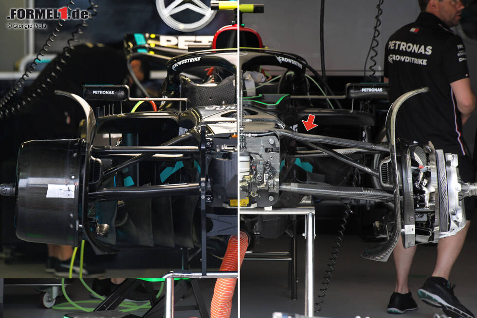 Vergleich: Die Vorderrad-Aufhängung am Mercedes W14 alt (links) und neu (rechts) Vergleich: Die Vorderrad-Aufhängung am Mercedes W14 alt (links) und neu (rechts)