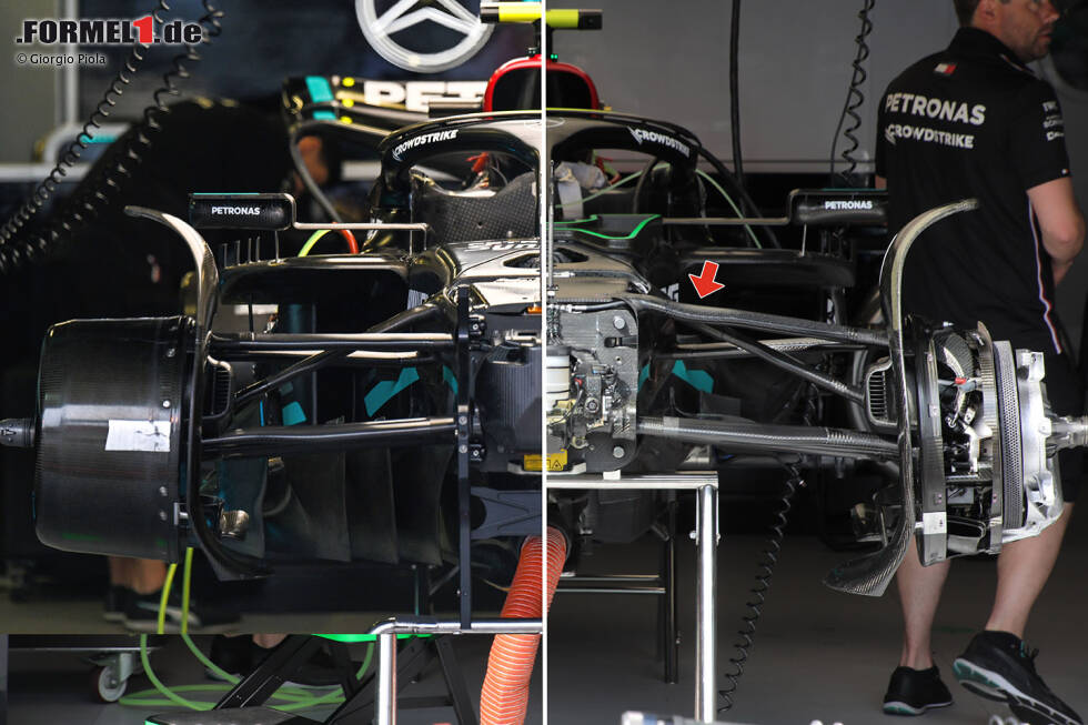 Foto zur News: Vergleich: Die Vorderrad-Aufhängung am Mercedes W14 alt (links) und neu (rechts)