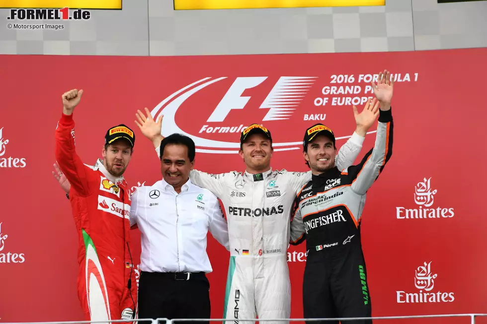 2016 (als Europa-Grand-Prix): Nico Rosberg (Mercedes) vor Sebastian Vettel (Ferrari) und Sergio Perez (Force India) Foto zur News: 2016 (als Europa-Grand-Prix): Nico Rosberg (Mercedes) vor Sebastian Vettel (Ferrari) und Sergio Perez (Force India)