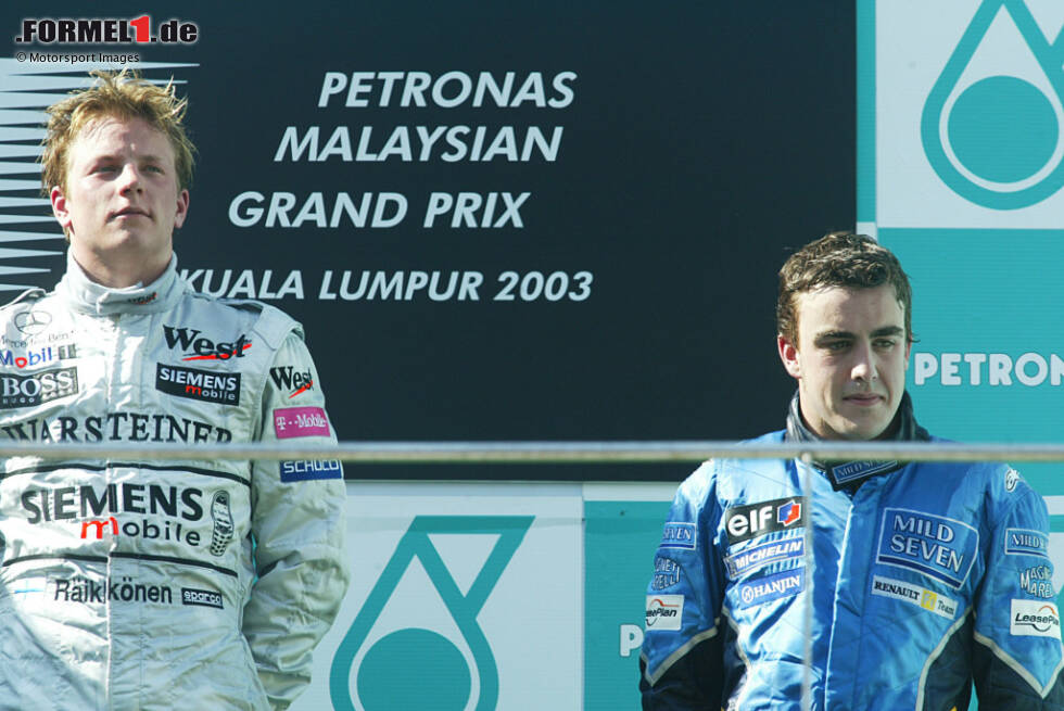 Foto zur News: Fernando Alonso (Malaysia 2003): Schon in seinem zweiten Rennen für Renault holt Alonso seine erste Poleposition und seinen ersten Podestplatz, obwohl der Spanier damals mit Fieber zu kämpfen hat. Das Rennen in Sepang ist aber noch aus einem anderen Grund berühmt: Es ist der erste Grand-Prix-Sieg von Kimi Räikkönen.