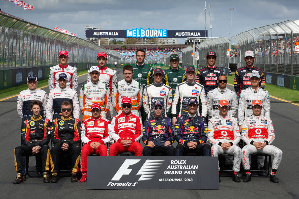 Foto zur News: 2013 - Vorne: R. Grosjean, K. Räikkönen, F. Massa, F. Alonso, S. Vettel, M. Webber, J. Button, S. Perez; Mitte: V. Bottas, P. Maldonado, A. Sutil, P. di Resta, E. Gutierrez, N. Hülkenberg, L. Hamilton, N. Rosberg; Hinten: M. Chilton, K. Bianchi, G. van der Garde, C. Pic, D. Ricciardo, J. Vergne.