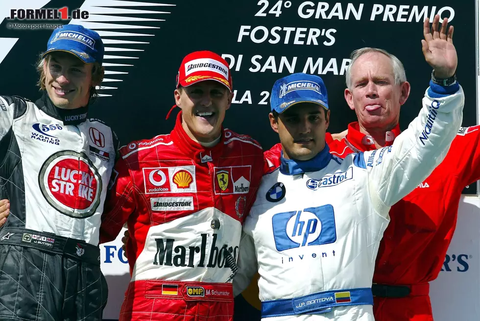 2004 (als San-Marino-Grand-Prix): Michael Schumacher (Ferrari) vor Jenson Button (BAR) und Juan Pablo Montoya (Williams) Foto zur News: 2004 (als San-Marino-Grand-Prix): Michael Schumacher (Ferrari) vor Jenson Button (BAR) und Juan Pablo Montoya (Williams)