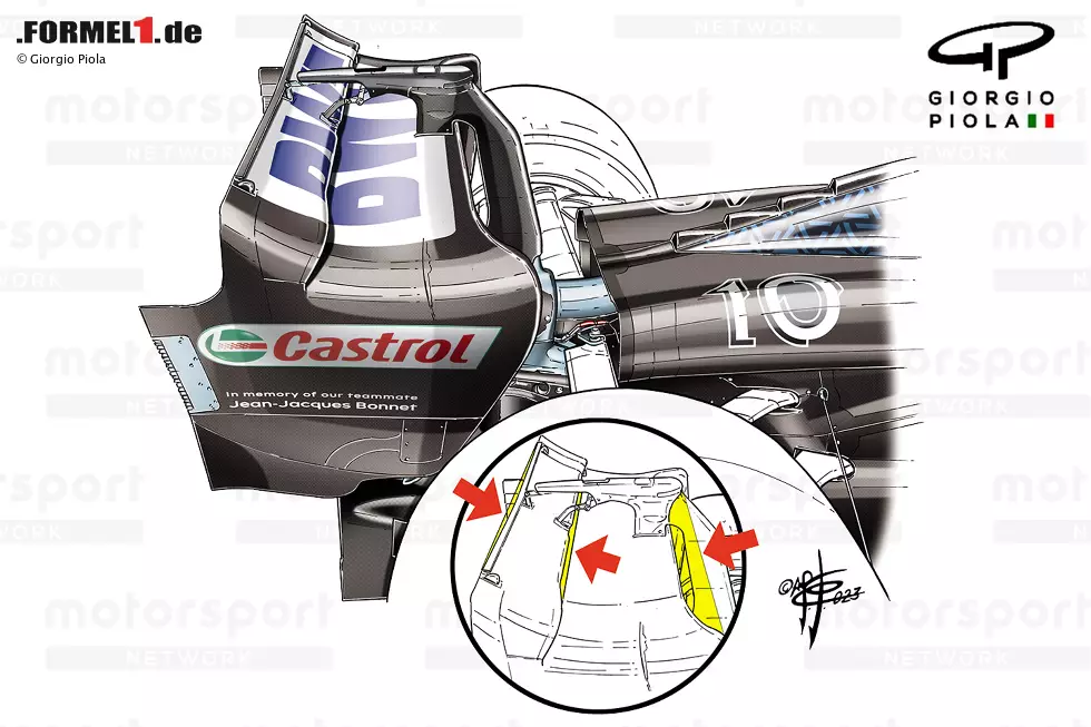 Der von Alpine in Aserbaidschan verwendete Lower-Downforce-Heckflügel zeichnete sich durch eine Konstruktion aus, bei der die Vorderkanten der Hauptebene und des oberen Flaps beim Treffen auf die Endplatte aus ihrer vergleichbaren Position zurückgeschoben wurden. Foto zur News: Der von Alpine in Aserbaidschan verwendete Lower-Downforce-Heckflügel zeichnete sich durch eine Konstruktion aus, bei der die Vorderkanten der Hauptebene und des oberen Flaps beim Treffen auf die Endplatte aus ihrer vergleichbaren Position zurückgeschoben wurden.