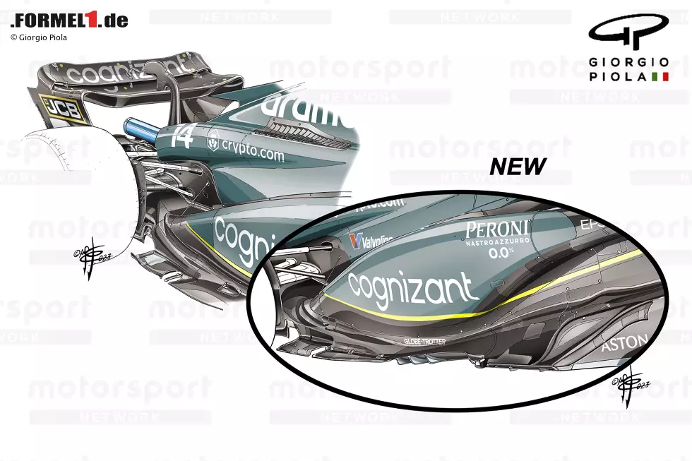In Austin stellte Aston einen neuen Boden vor, der mit dem verlängerten Edge-Wing ausgestattet war, den viele Konkurrenten bereits verwendeten. Der Flügel hatte, wie die Designs der Konkurrenten, ein gedrehtes Profil, wobei der vordere Teil umgeschlagen war, um drei darunter liegende Streben zu enthüllen. Foto zur News: In Austin stellte Aston einen neuen Boden vor, der mit dem verlängerten Edge-Wing ausgestattet war, den viele Konkurrenten bereits verwendeten. Der Flügel hatte, wie die Designs der Konkurrenten, ein gedrehtes Profil, wobei der vordere Teil umgeschlagen war, um drei darunter liegende Streben zu enthüllen.