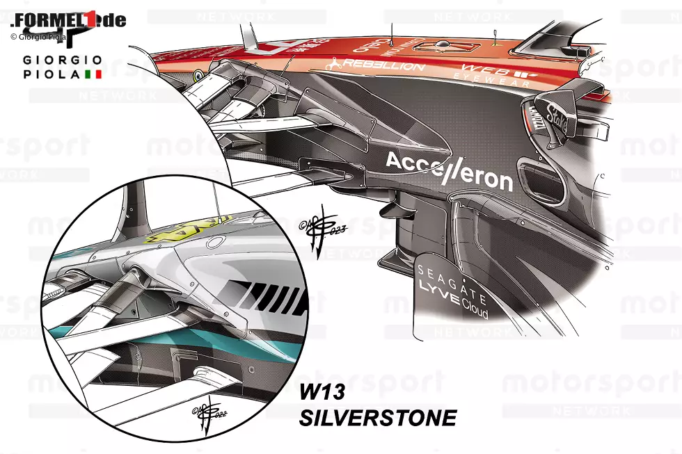 Foto zur News: ... die beiden Lösungen im Direktvergleich: Das Original von Mercedes aus der Saison 2022 und die Alfa-Romeo-Variante, wie sie erstmals beim Auftaktrennen 2023 in Bahrain verwendet wird - bei den Testfahrten vorab ist das Team noch ohne die Neuerung gefahren. Und auch Mercedes ...