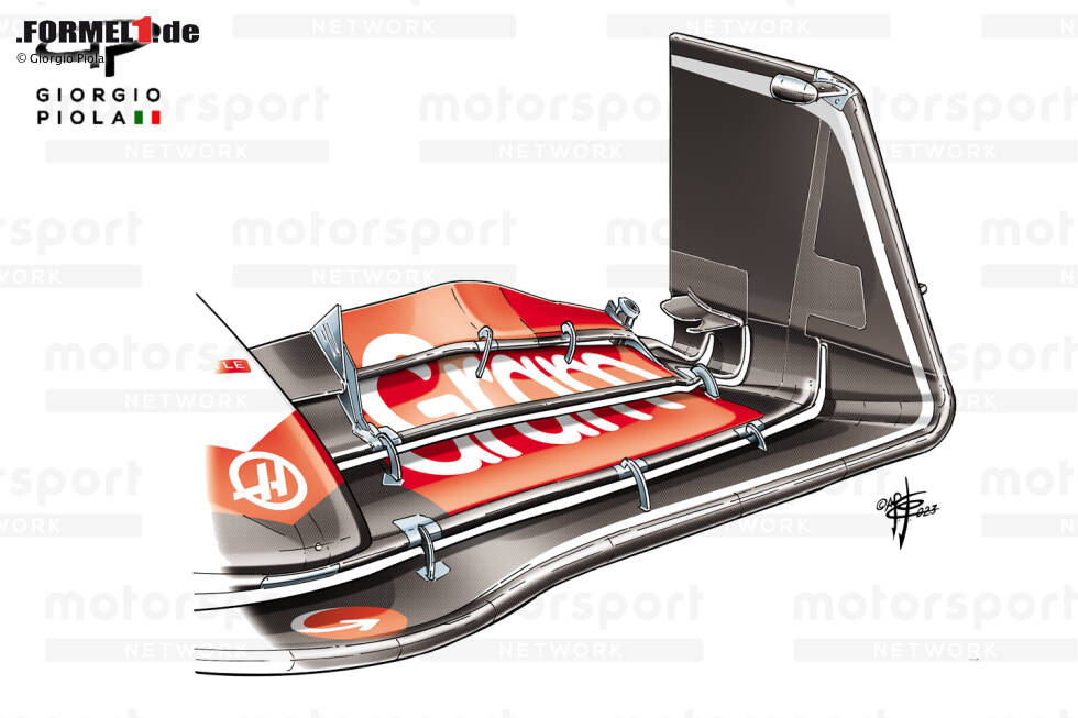 Foto zur News: Bereits zu Saisonbeginn versieht Haas die Frontflügel-Endplatte mit einem kleinen Winglet auf der Innenseite. Das glättet den Luftstrom hin zur Vorderachse.