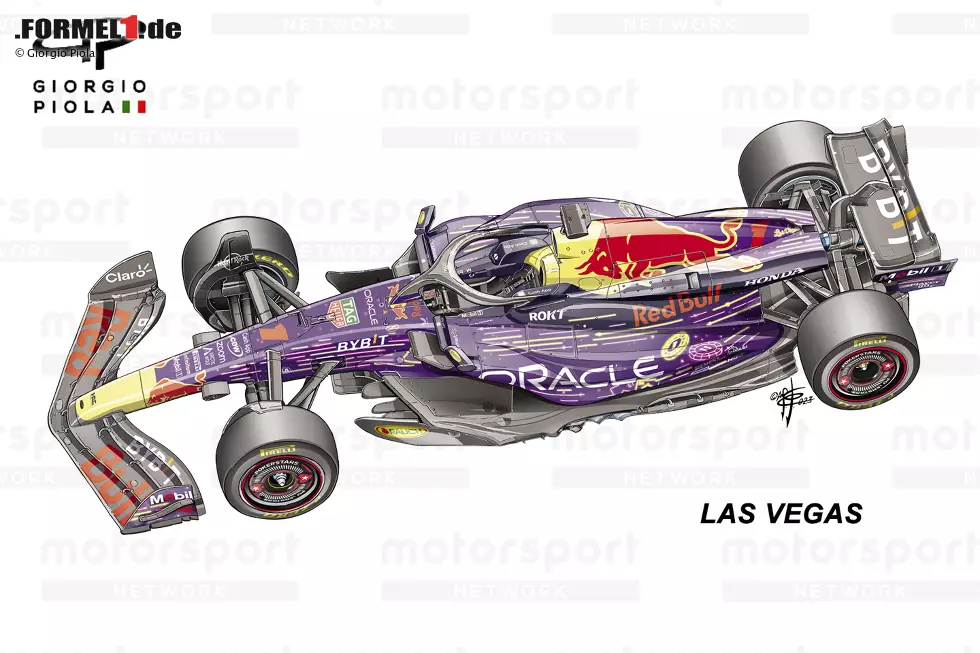 Ebenfalls in Las Vegas setzte Red Bull eine weitere Sonderlackierung ein für den RB19. Technisch passierte im Endspurt der Saison 2023 aber nicht mehr viel: Das letzte Update zugunsten einer besseren Kühlung hatte das Team schon zwei Rennen zuvor in Mexiko eingesetzt. Foto zur News: Ebenfalls in Las Vegas setzte Red Bull eine weitere Sonderlackierung ein für den RB19. Technisch passierte im Endspurt der Saison 2023 aber nicht mehr viel: Das letzte Update zugunsten einer besseren Kühlung hatte das Team schon zwei Rennen zuvor in Mexiko eingesetzt.