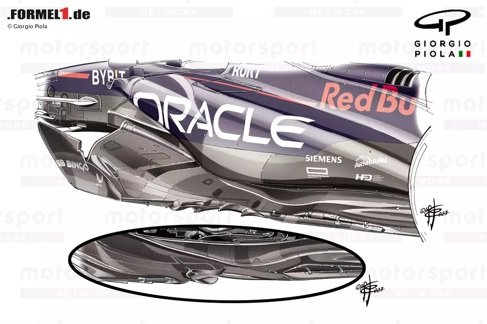 Auch die Oberseite des Unterbodens war Gegenstand mehrerer Entwicklungsstufen: Red Bull setzte hier unterschiedliche Winglets und Kanten ein, um den RB19 schneller zu machen. Ein größeres Update (siehe kleines Bild) etwa gab es beim 16. Rennen in Suzuka. Foto zur News: Auch die Oberseite des Unterbodens war Gegenstand mehrerer Entwicklungsstufen: Red Bull setzte hier unterschiedliche Winglets und Kanten ein, um den RB19 schneller zu machen. Ein größeres Update (siehe kleines Bild) etwa gab es beim 16. Rennen in Suzuka.