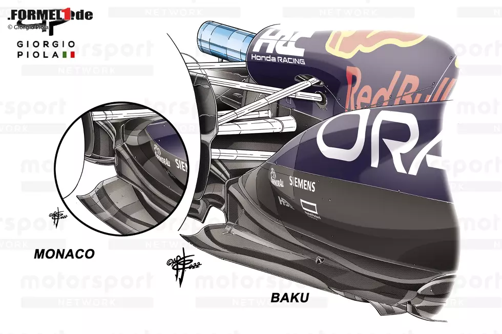 Um die Steifigkeit des Bodens zu erhöhen, wurde beim Großen Preis von Aserbaidschan schließlich eine Bodenstrebe eingebaut, die bei Red Bull allerdings viel kürzer war und nur den Spalt zwischen dem äußeren Bodenspatel und dem Rampenabschnitt überspannte. Foto zur News: Um die Steifigkeit des Bodens zu erhöhen, wurde beim Großen Preis von Aserbaidschan schließlich eine Bodenstrebe eingebaut, die bei Red Bull allerdings viel kürzer war und nur den Spalt zwischen dem äußeren Bodenspatel und dem Rampenabschnitt überspannte.